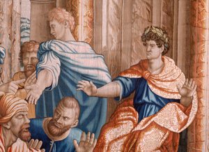 Flemish tapestry. Series Acts of the Apostles. Elymas struck blind. Seventh tapestry in the series. Model Cartoon by Rafael Sanzio. 1519. Manufacture Jan Raes II, Brussels. Ca 1605-1629 by Raphael