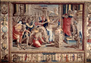 The Sacrifice at Lystra - Life of the apostles Peter and Paul: Saint Paul rejecting divine honours, after having healed an invalid, the inhabitants take him for a god and want to make sacrifices - Tapestry after cardboard by Raffaello Sanzio