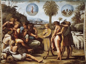 Joseph explains his dreams to his brothers by Raphael