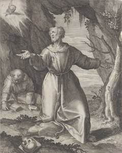 Saint Francis Kneeling with His Arms Outstretched, Looking Towards a Cherub by Raphael Sadeler