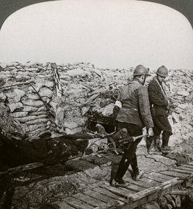 Belgian stretcher bearers carrying wounded in a trench, Dixmude, Belgium, World War I, 1914-1918 by Realistic Travels Publishers