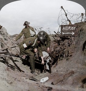 Carrying a wounded soldier to a first aid post, Passchendaele, Belgium, World War I by Realistic Travels Publishers