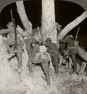 Soldiers leaving a trench for a night raid at Messines, Belgium, World War I, 1914-1918