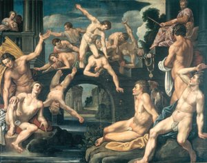 Young Men Wrestling on a Bridge. Allegory
