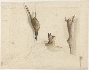 Dead Pheasant and Two Dead Hares