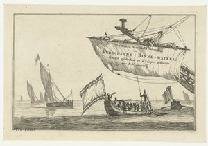 State Barge and Sailing Ships on Calm Water, The Use and Delightful Application of Various Inland Waters; Artfully Depicted and Engraved by R.N. Zeeman (series title on object), Inland Waters (series title) by Reinier Nooms