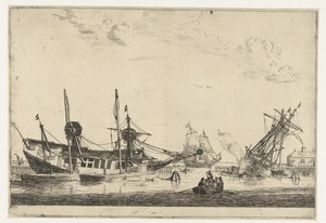 Two Keeled Sailing Ships Thirteen Scenes with Ships (series title) by Reinier Nooms