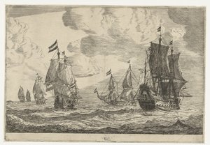 Six Sailing Ships on the Open Sea, Thirteen Scenes with Ships (series title) by Reinier Nooms