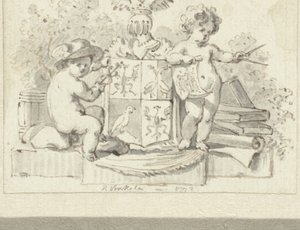 Two Putti with Compass and Aesculapius, by the Family Crest of Schoemaker