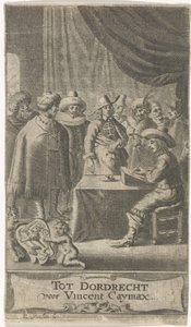 Merchant at Writing Desk (Title Page for: J. van der Does et al., Various Voyages, or Travels, 1652) by Reinier van Persijn