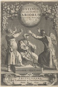 Minerva and Two Chained Figures (Title Page for: A. Thysius, Justinus cum notis selectissimis variorum Berneggerj, Bongarsy, Vossy, Thysy, &c, 1659)