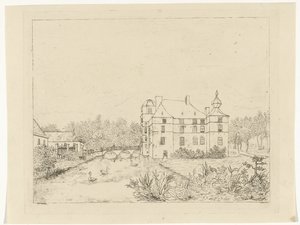 Side View of Castle de Cannenburch with Houses by the Access Bridge by Reinierus Albertus Ludovicus baron van Isendoorn à Blois