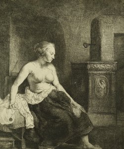 A Woman Sitting Half-Dressed Beside a Stove by Rembrandt van Rijn