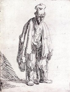 Beggar in a High Cap Standing by Rembrandt Harmensz. van Rijn