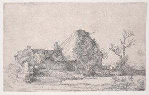 Cottage and Farm Buildings with a Man Sketching
