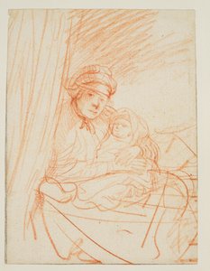 Saskia Sitting Up in Bed, Holding a Child by Rembrandt van Rijn