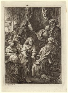 A Crowd of People Gathered Around a Seated Old Man by Rembrandt van Rijn