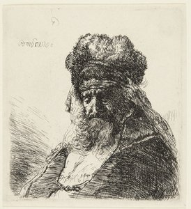 Bearded Old Man with a High Fur Cap, with Eyes Closed by Rembrandt van Rijn