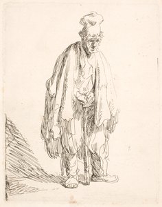 Beggar in a High Cap, Standing and Leaning on a Stick