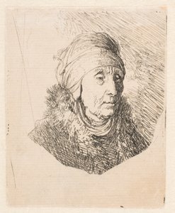 Bust of an Old Woman in a High Headdress Bound Round the Chin by Rembrandt van Rijn