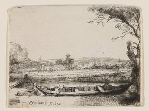 Canal with a Large Boat and Bridge by Rembrandt van Rijn