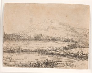 Canal with an Angler and Two Swans