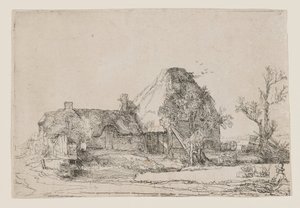 Cottage and Farm Buildings with a Man Sketching by Rembrandt van Rijn