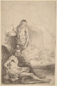 Nude Man Seated and Nude Man Standing, with a Woman and Baby in the Background by Rembrandt van Rijn