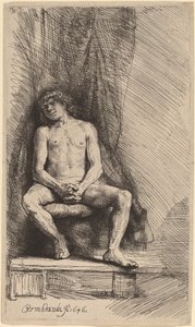 Nude Man Seated before a Curtain by Rembrandt van Rijn