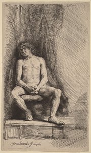 Nude Man Seated Before a Curtain by Rembrandt van Rijn