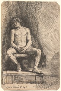Nude Man Seated Before a Curtain by Rembrandt van Rijn