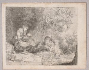 Shepherd Playing the Flute (View of Omval with Shepherdess and Flute Player) by Rembrandt van Rijn