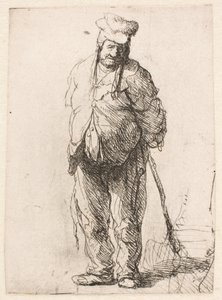 Ragged Peasant with His Hands Behind Him, Holding a Stick by Rembrandt van Rijn
