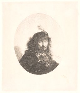 Rembrandt with Plumed Cap and Lowered Sabre: Three-Quarter Length: Afterwards Bust in Oval by Rembrandt van Rijn