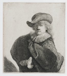 Self-Portrait in a Soft Hat and a Patterned Cloak by Rembrandt van Rijn