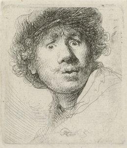 Self-portrait with beret and wide-eyed by Rembrandt van Rijn
