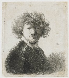 Self-portrait with curly hair and white collar: bust by Rembrandt van Rijn
