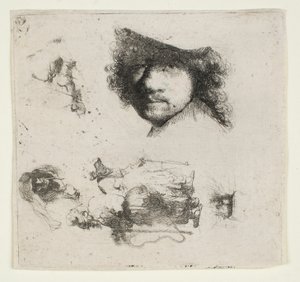 Sheet of Studies: Head of the Artist, a Beggar Couple, Heads of Old Man and Old Woman, etc. by Rembrandt van Rijn