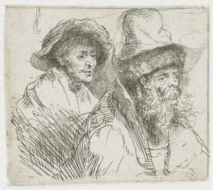 Sheet of Studies, with a Woman Lying Ill in Bed: Busts of Two Male Figures by Rembrandt van Rijn