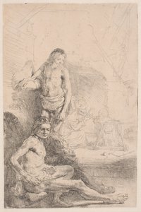 Studies from the Nude: One Man Seated and Another Standing, with a Woman and Baby Lightly Etched in the Background by Rembrandt van Rijn