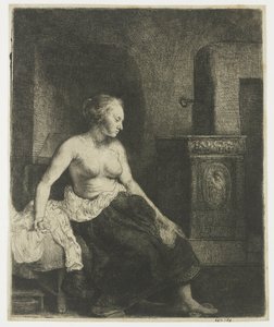 Woman sitting half dressed beside a stove by Rembrandt van Rijn