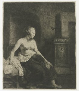 Woman sitting half dressed beside a stove by Rembrandt van Rijn