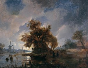 Dutch River Landscape in the Moonlight by Remigius Adrianus Haanen