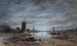 Moonlit Night (Canal Landscape with Windmills and Ships)