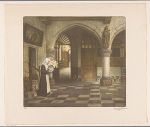 Nun in a Cloister Hall with a Flower Vase by René Janssens (signed by artist)