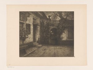 Square in Front of a House with a Woman by a Gate, at Dusk by René Janssens