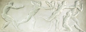 A molded glass figural panel depicting six nude male athletes by Rene Jules Lalique