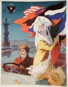 Couple in a motor car in St.Petersburg, poster advertising a French car destined for the Russian market