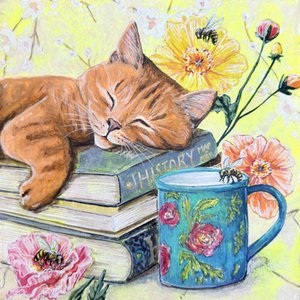 Sleeping Cat Among Books by Renee Machan Cottagecore Artist