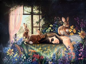 Sleeping Girl with Rabbits by Renee Machan Cottagecore Artist